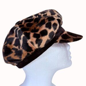 Liz Claiborne Newsboy Cap Leopard Print Faux Fur Silk Lined Animal Print Hat USA